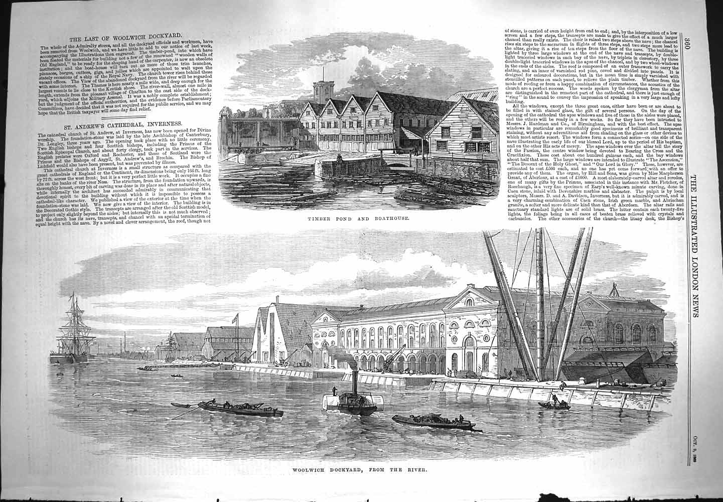 Original Old Antique Print 1869 Timber Pond Boathouse Woolwich Dockyard River