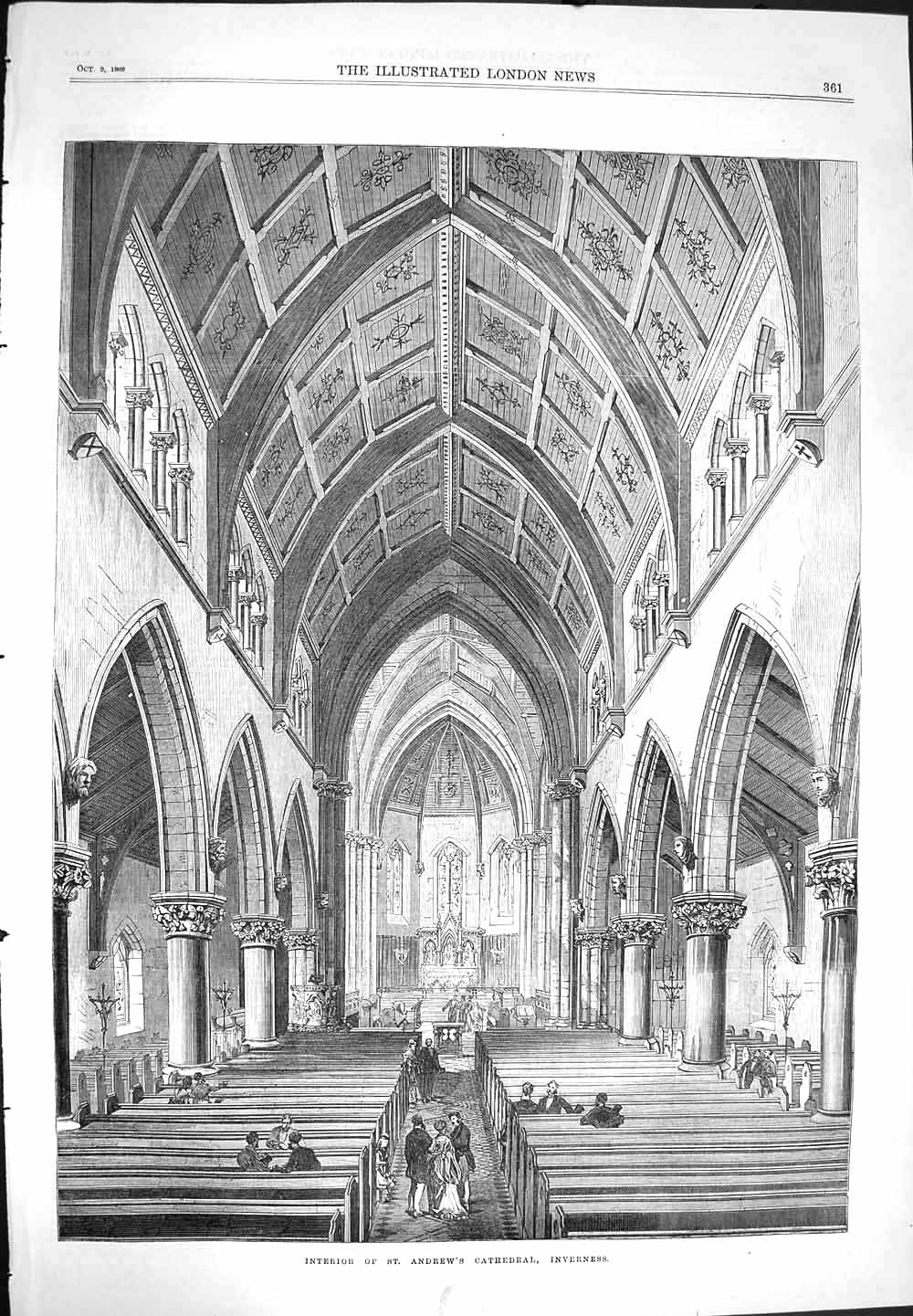 Old Antique Print 1869 Interior Andrews Cathedral Inverness Architecture 19th