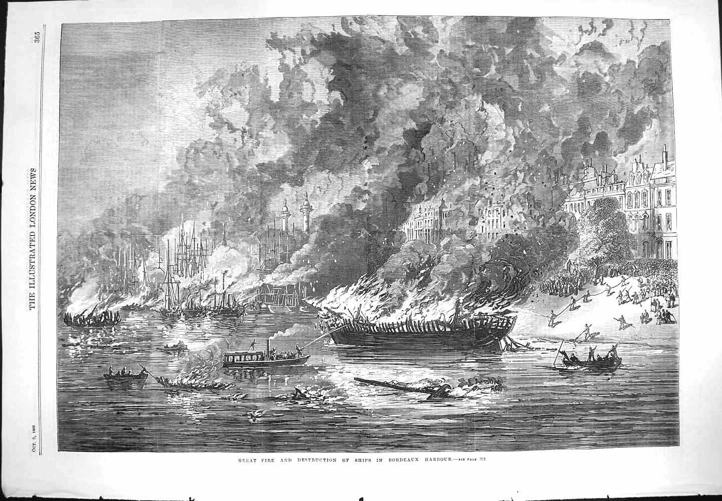 Old Antique Print 1869 Fire Destruction Ships Bordeaux Harbour Fine Art 19th