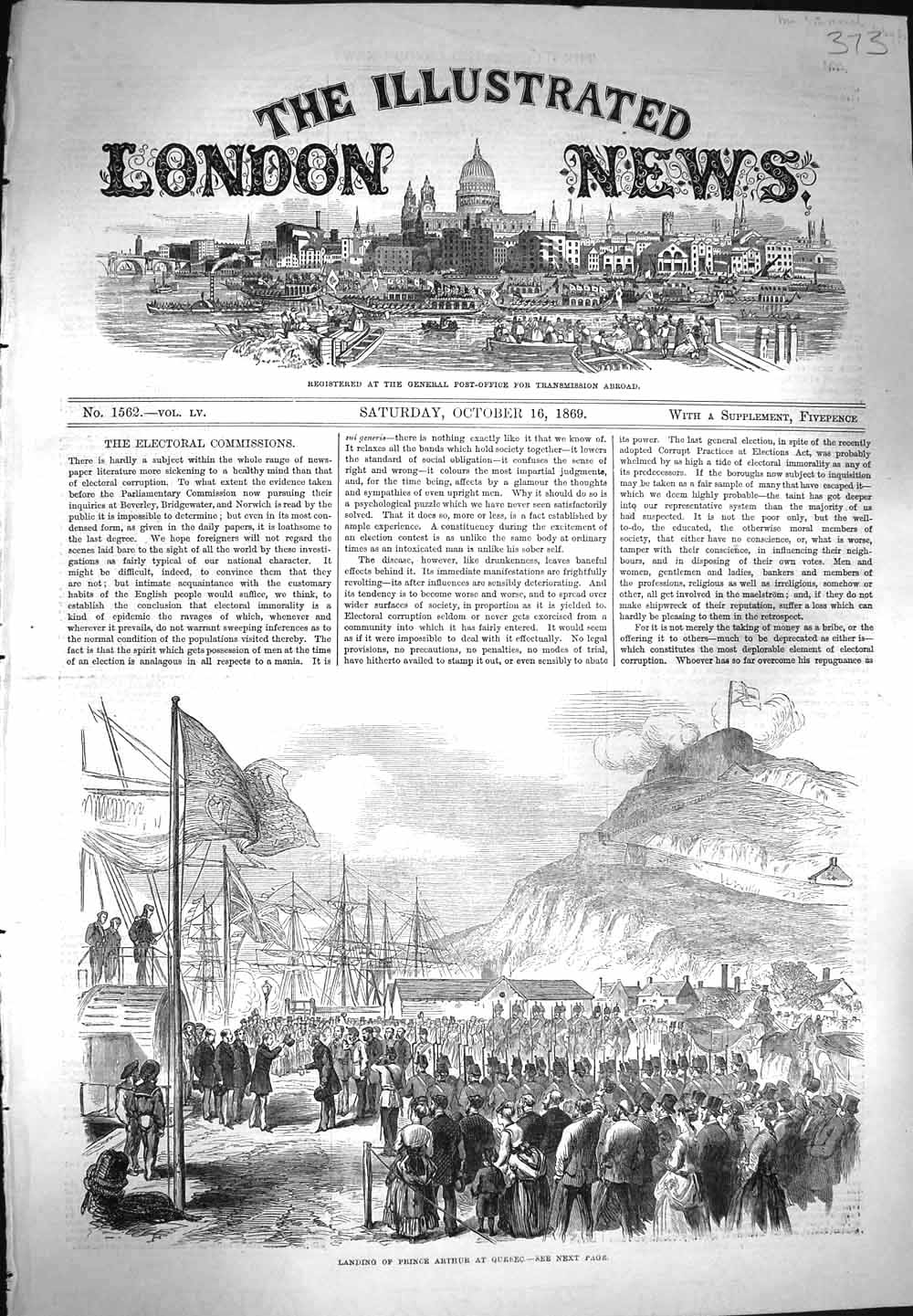 Original Old Antique Print 1869 Landing Prince Arthur Quebec Ships Siers Canada