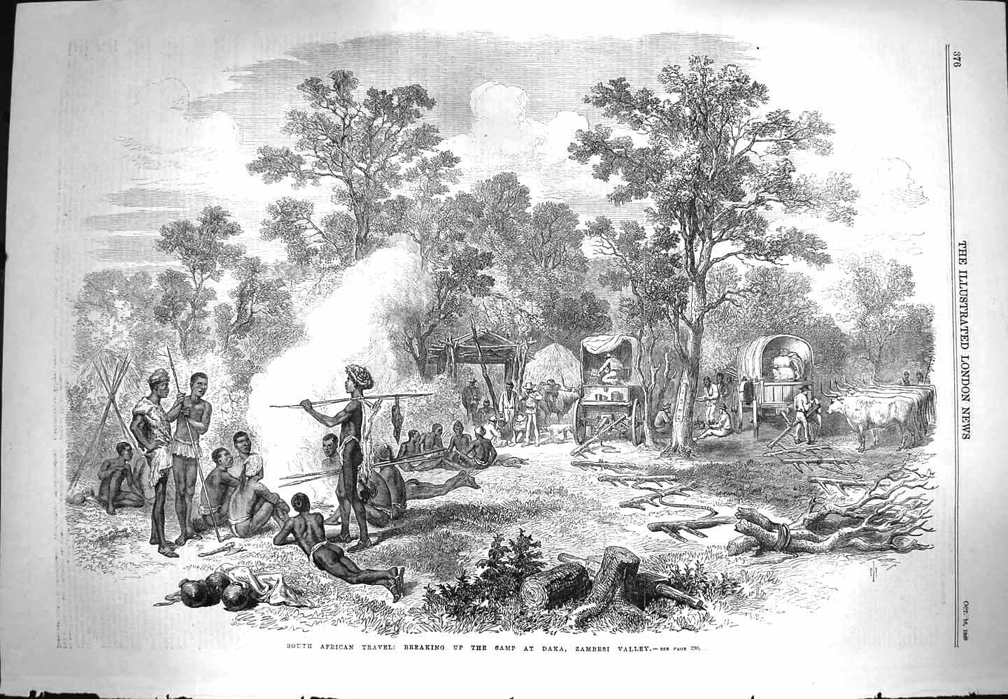 Original Old Antique Print 1869 Travel South Africa Camp Daka Zambesi Valley