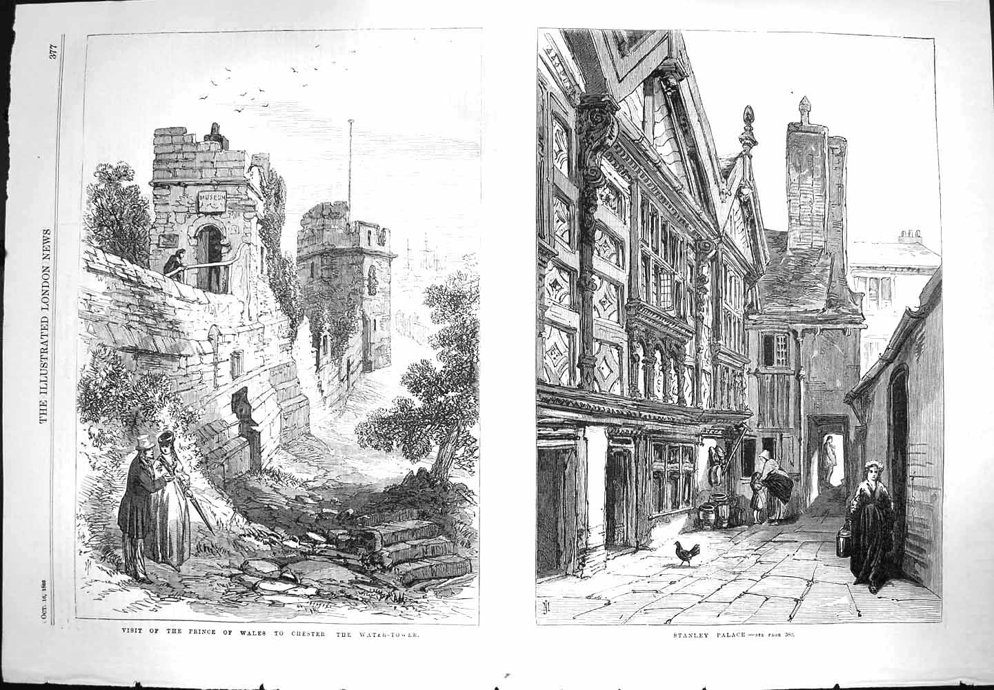 Antique Old Print *3267 1869 Prince Wales Chester Water Tower Stanley Palace