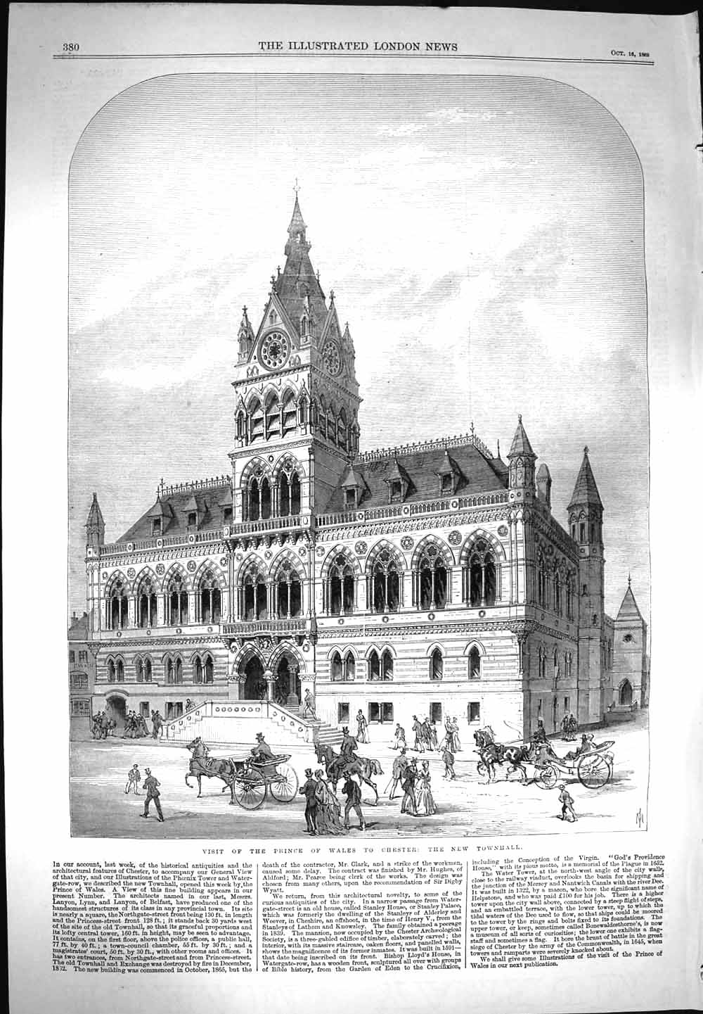 Original Old Antique Print 1869 Prince Wales Chester Townhall Architecture 19th