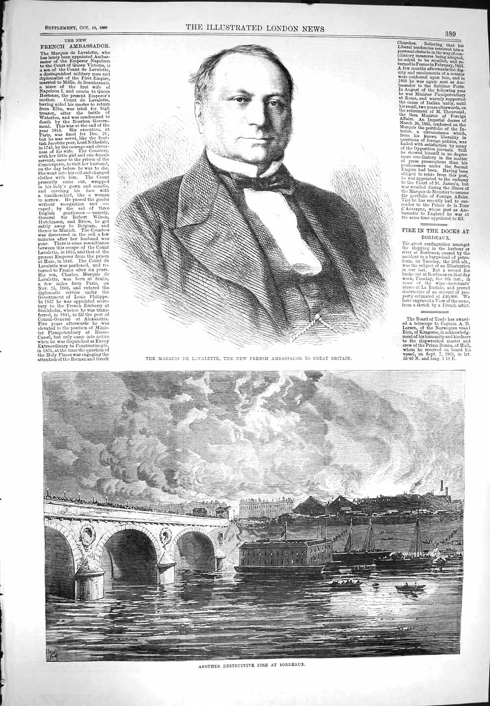 Old Antique Print 1869 Marquis Lavalette French Ambassador Fire Bordeaux 19th