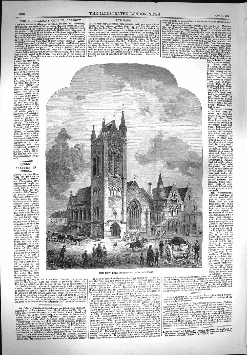 Original Old Antique Print 1869 New Free Barony Church Glasgow Archi Victorian
