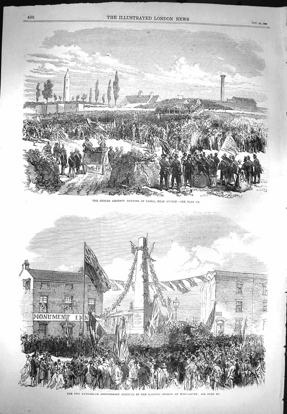 Original Old Antique Print 1869 Fenian Amnesty Cabra Dublin Festival Winchester