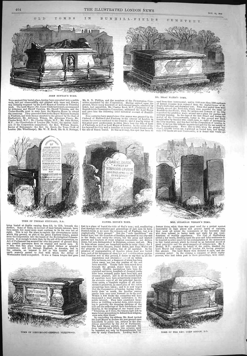 Old Antique Print 1869 Bunyan Tomb Watts Stothard Defoe Rippon Fleetwood 19th