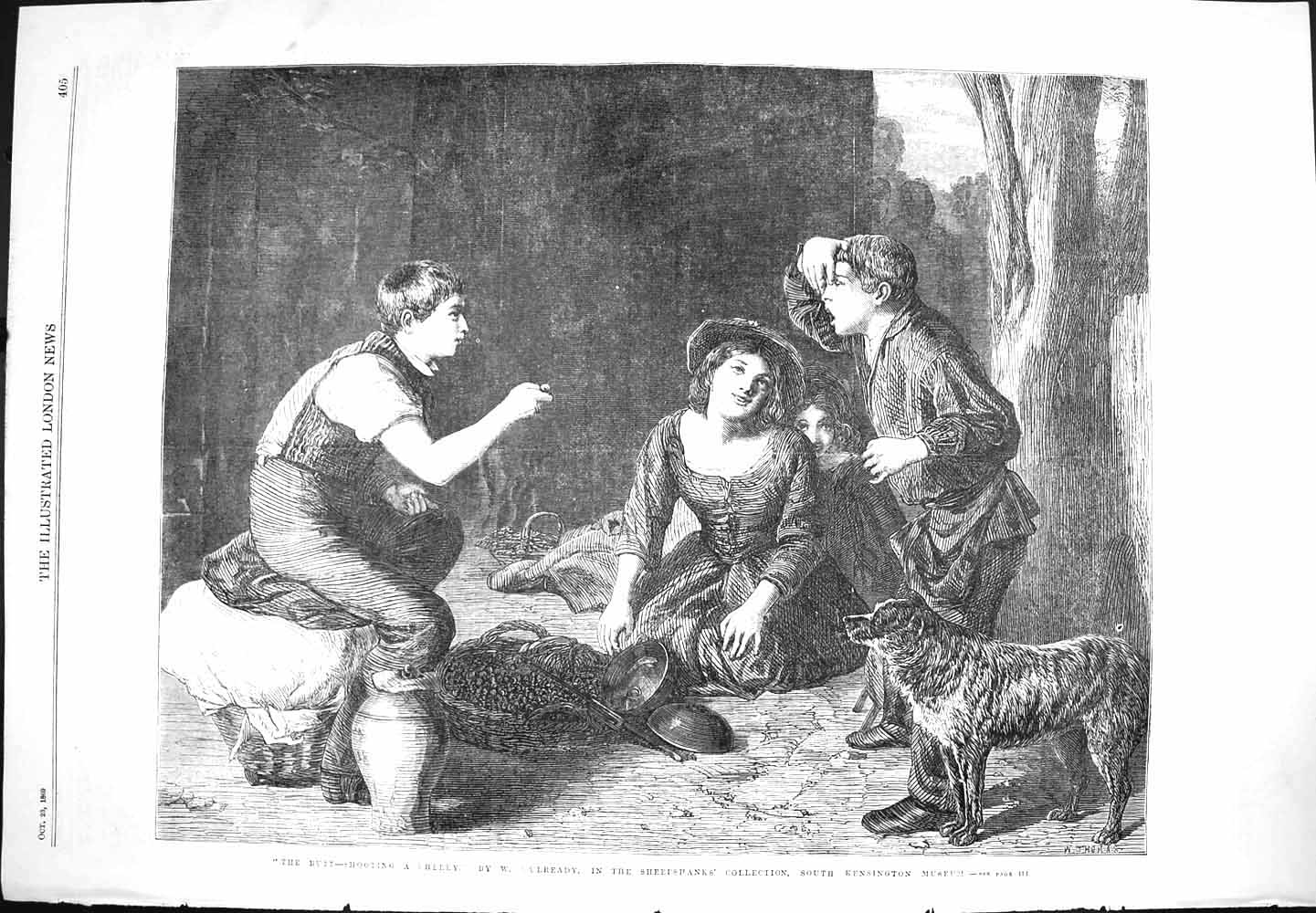 Original Old Antique Print 1869 Butt Shooting Cherry Children Playing Games