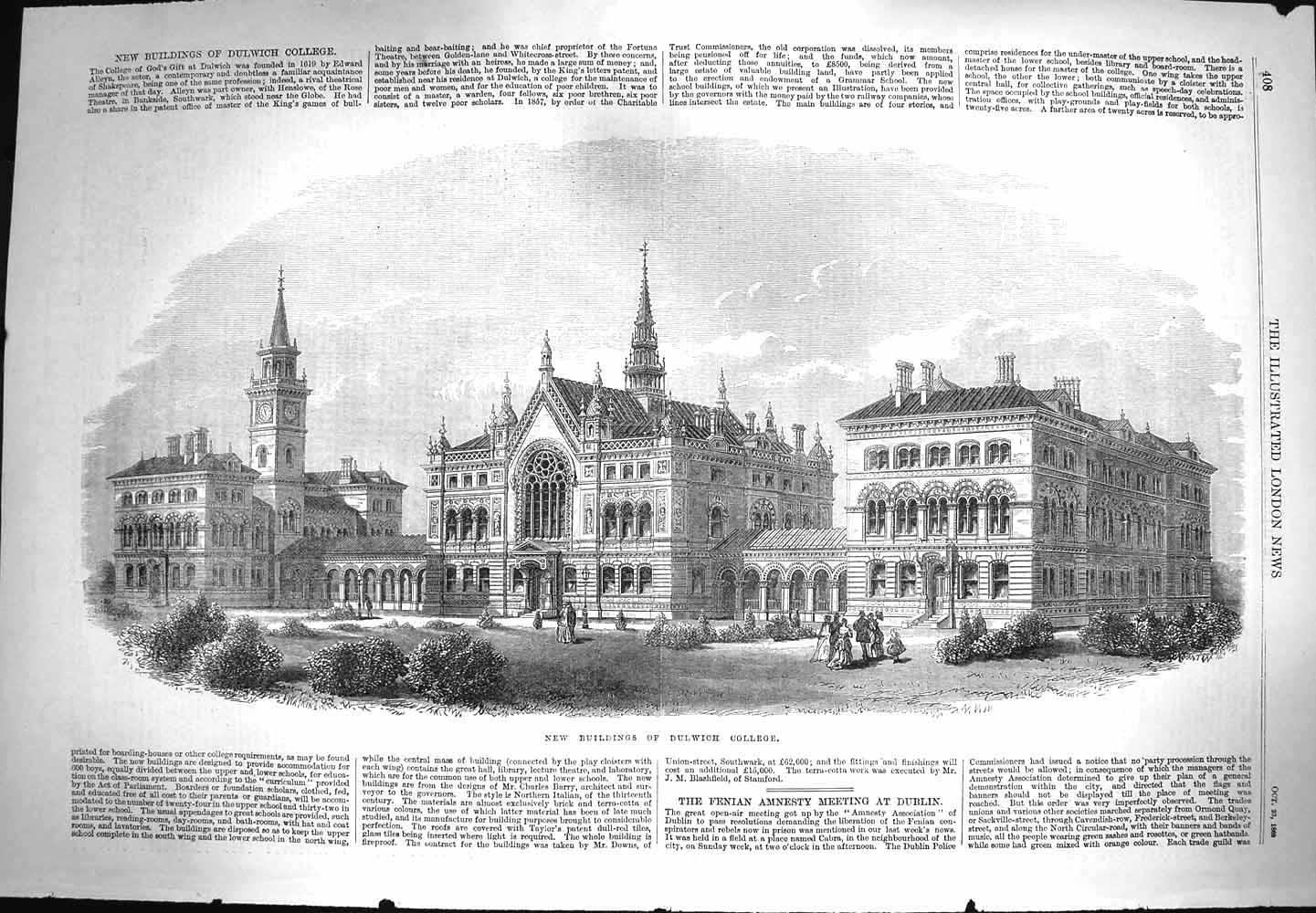 Original Old Antique Print 1869 New Buildings Dulwich College Archi Victorian