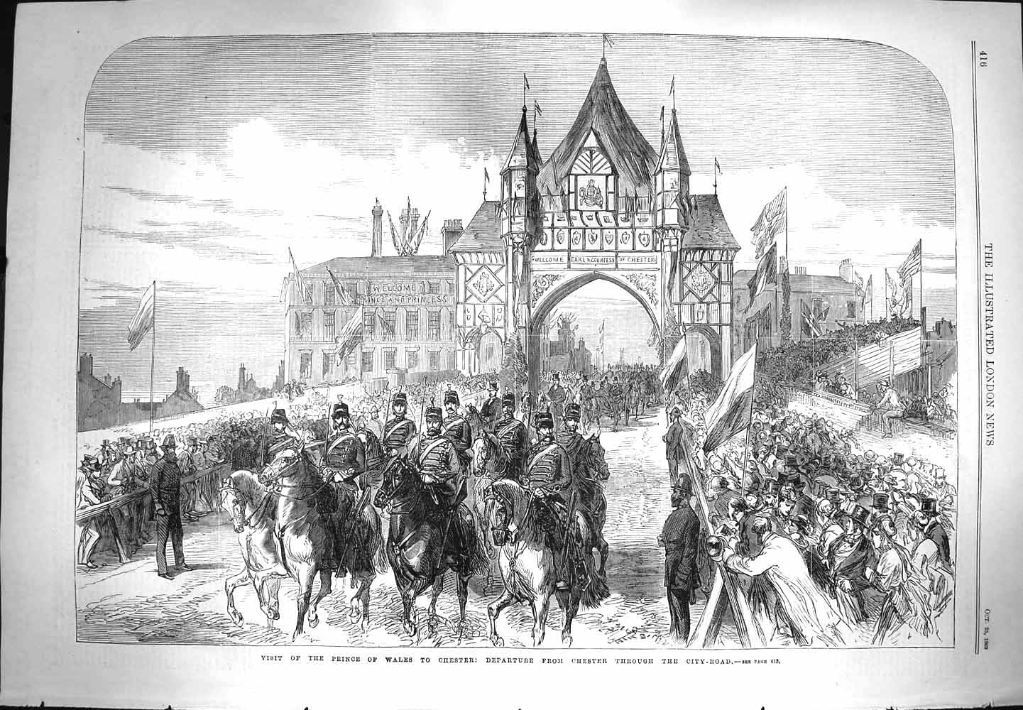 Original Old Antique Print 1869 Departure Prince Wales Chester City-Road Horses