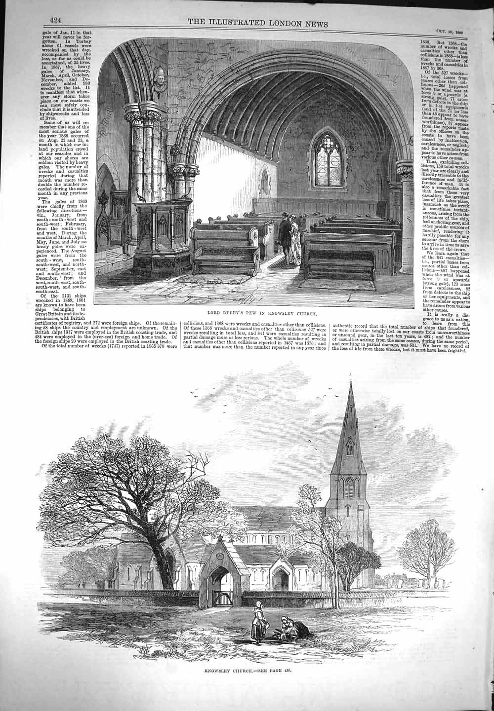 Original Old Antique Print 1869 Lord Derby Pew Knowsley Church Architecture