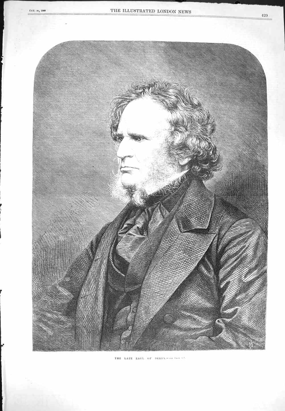 Original Old Antique Print 1869 Portrait Earl Derby Gentleman Fine Art 19th