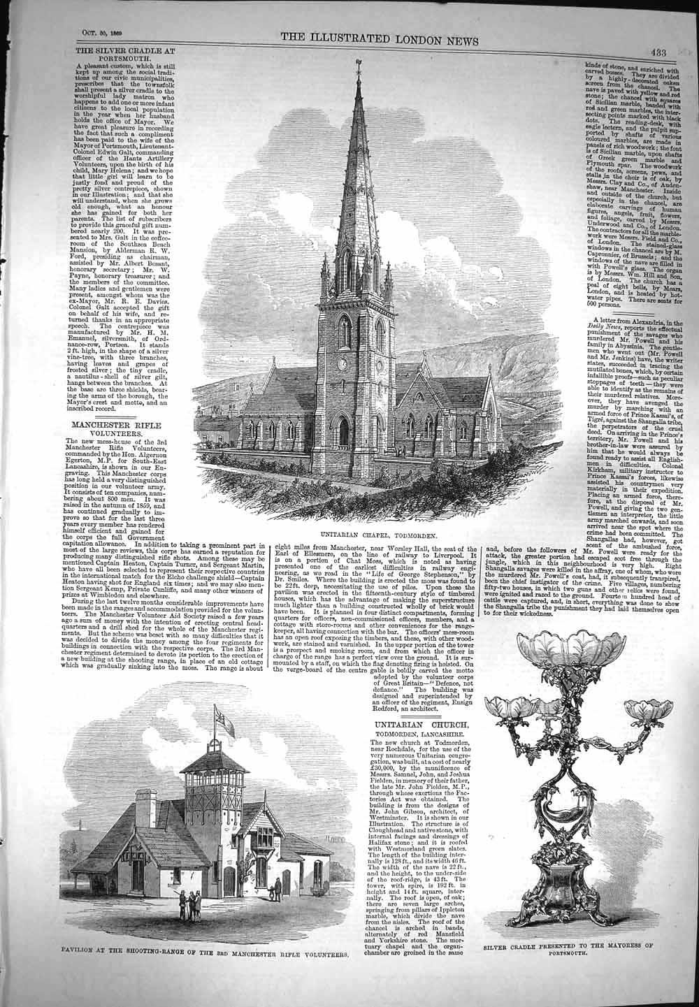 Original Old Antique Print 1869 Unitarian Chapel Todmorden Manchester Rifle 19th