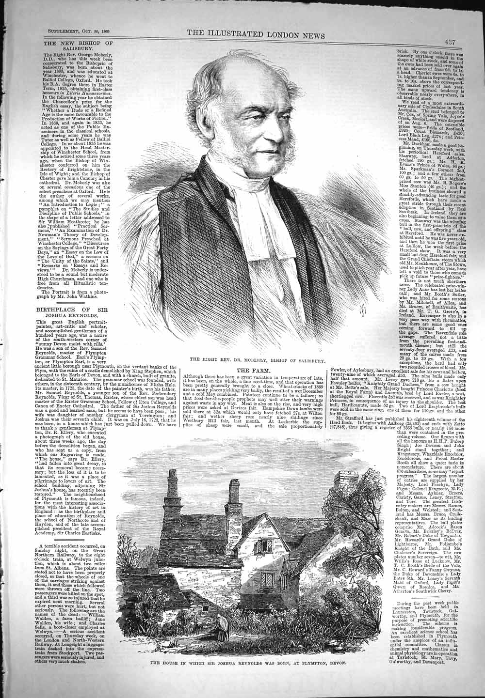 Original Old Antique Print 1869 Dr. Moberly Bishop Salisbury Joshua Reyns Devon