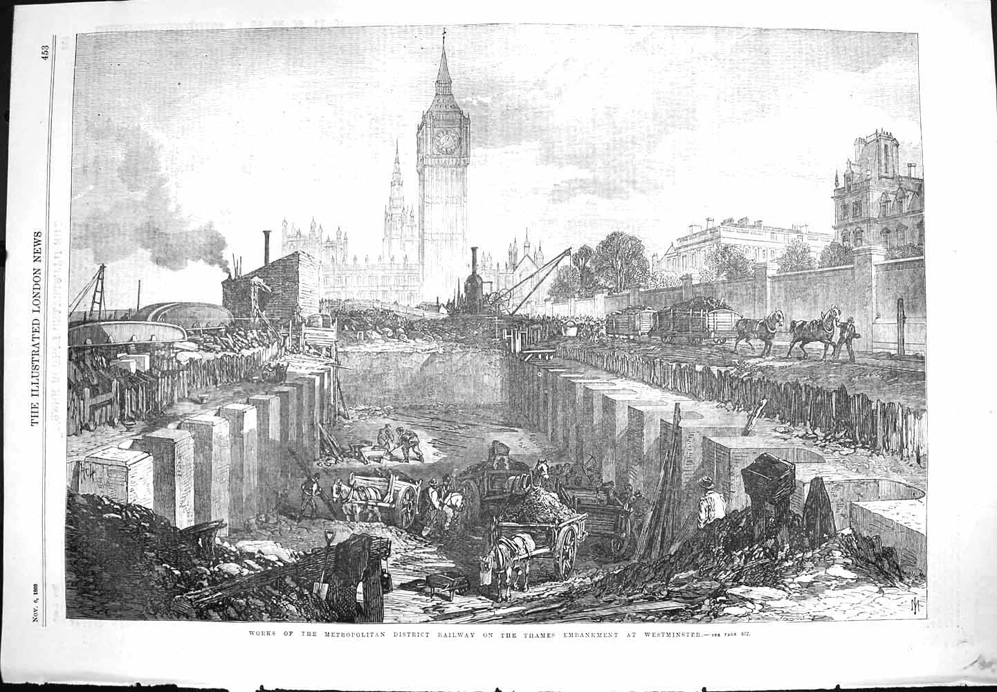 Original Old Antique Print 1869 Works Metropolitan District Railway Westminster