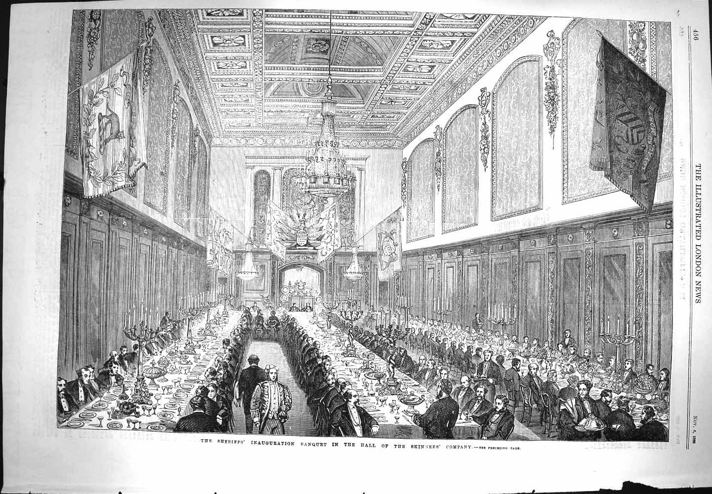 Original Old Antique Print 1869 Sheriff Inauguration Banquet Hall Skinners 19th