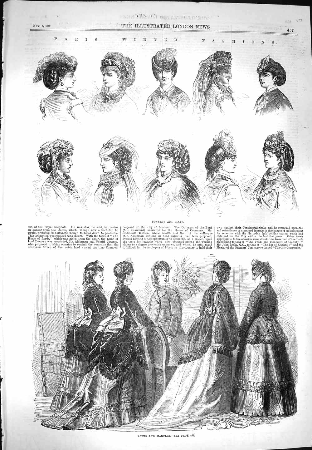 Original Old Antique Print 1869 Paris Winter Fashion Bonnets Hats Robes Mantles