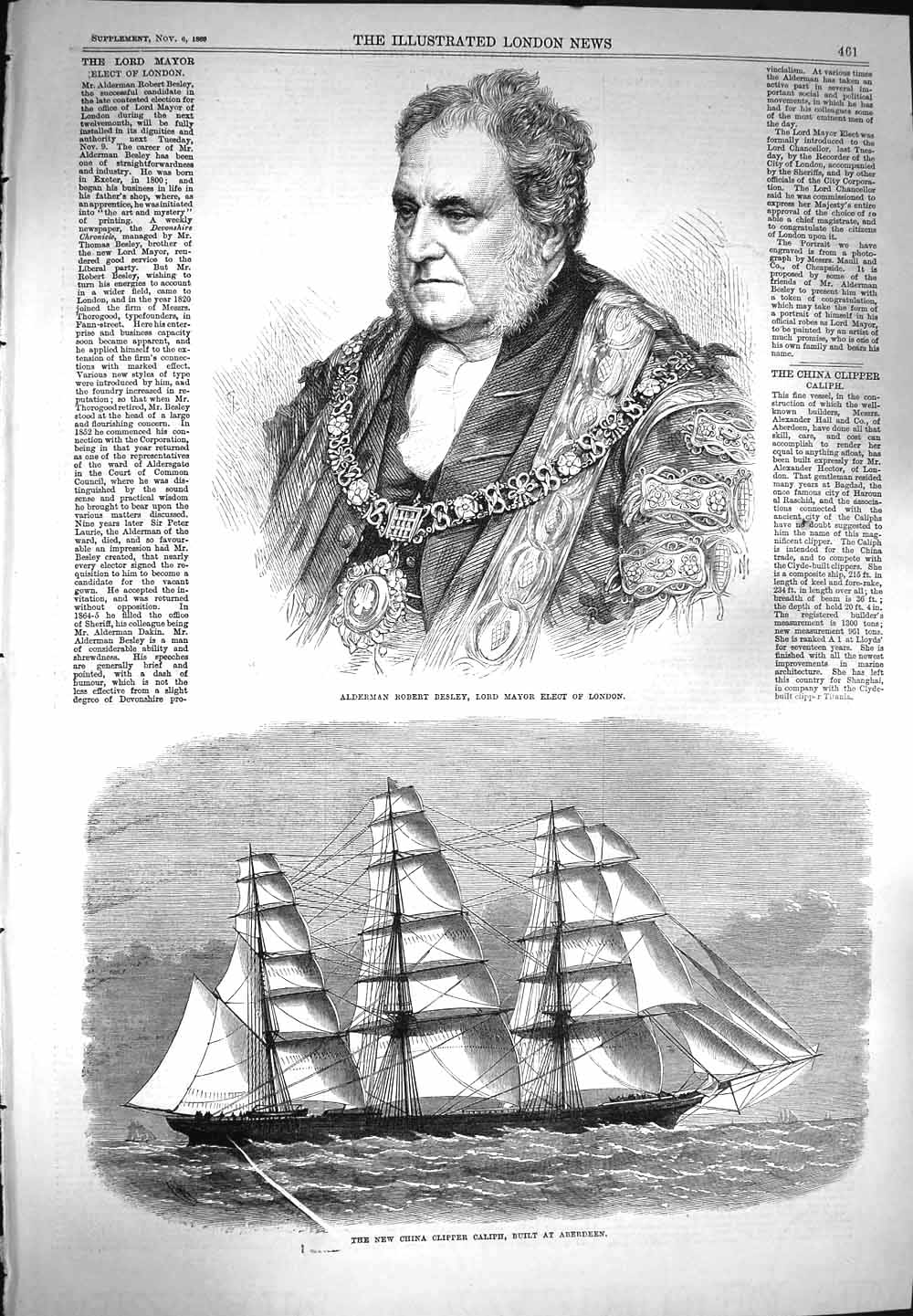 Original Old Antique Print 1869 Alderman Robert Besley Mayor London Ship Caliph
