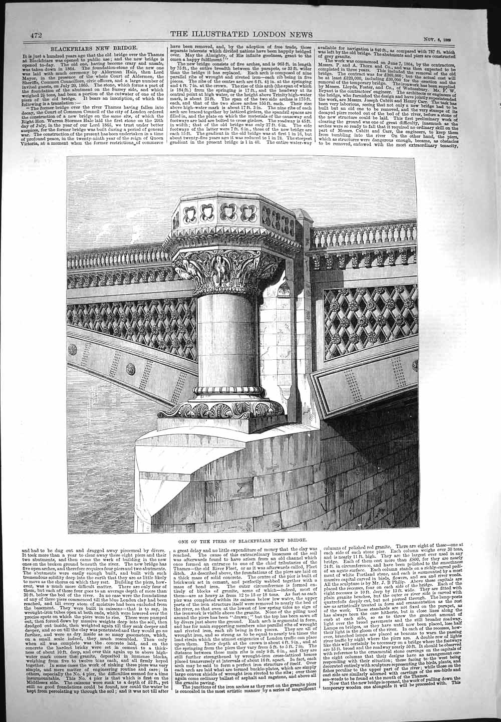 Original Old Antique Print 1869 Piers Blackfriars New Bridge Engineering 19th