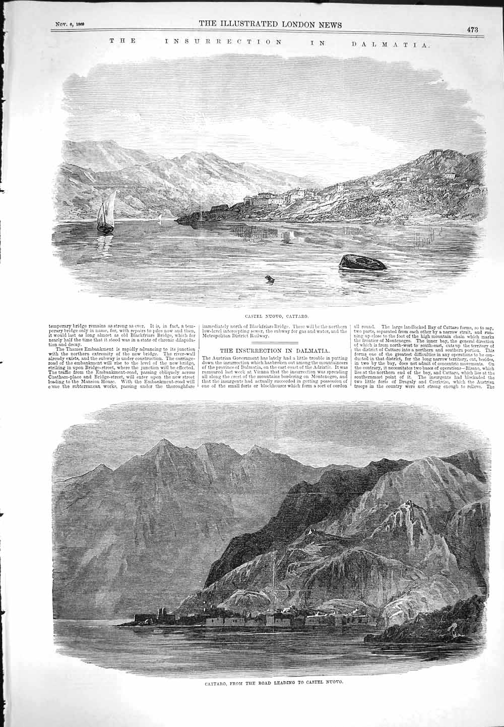 Original Old Antique Print 1869 Dalmatia Castel Nuovo Cattari Mountains Yacht