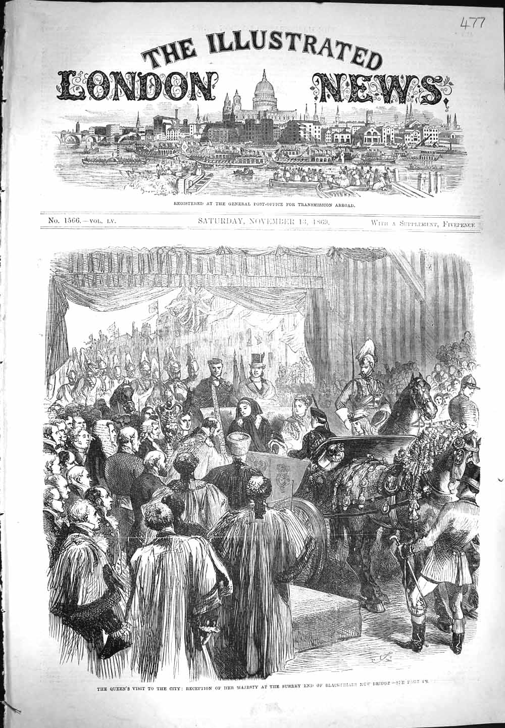 Original Old Antique Print 1869 Queen Carriage London Surrey Blackfriars Bridge
