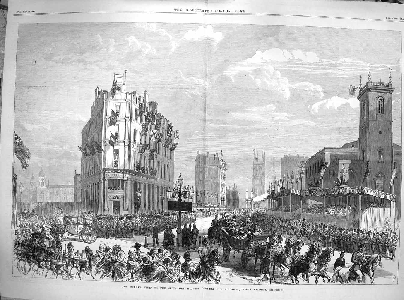 Original Old Antique Print 1869 Queen London Holborn Valley Viaduct Smithfield