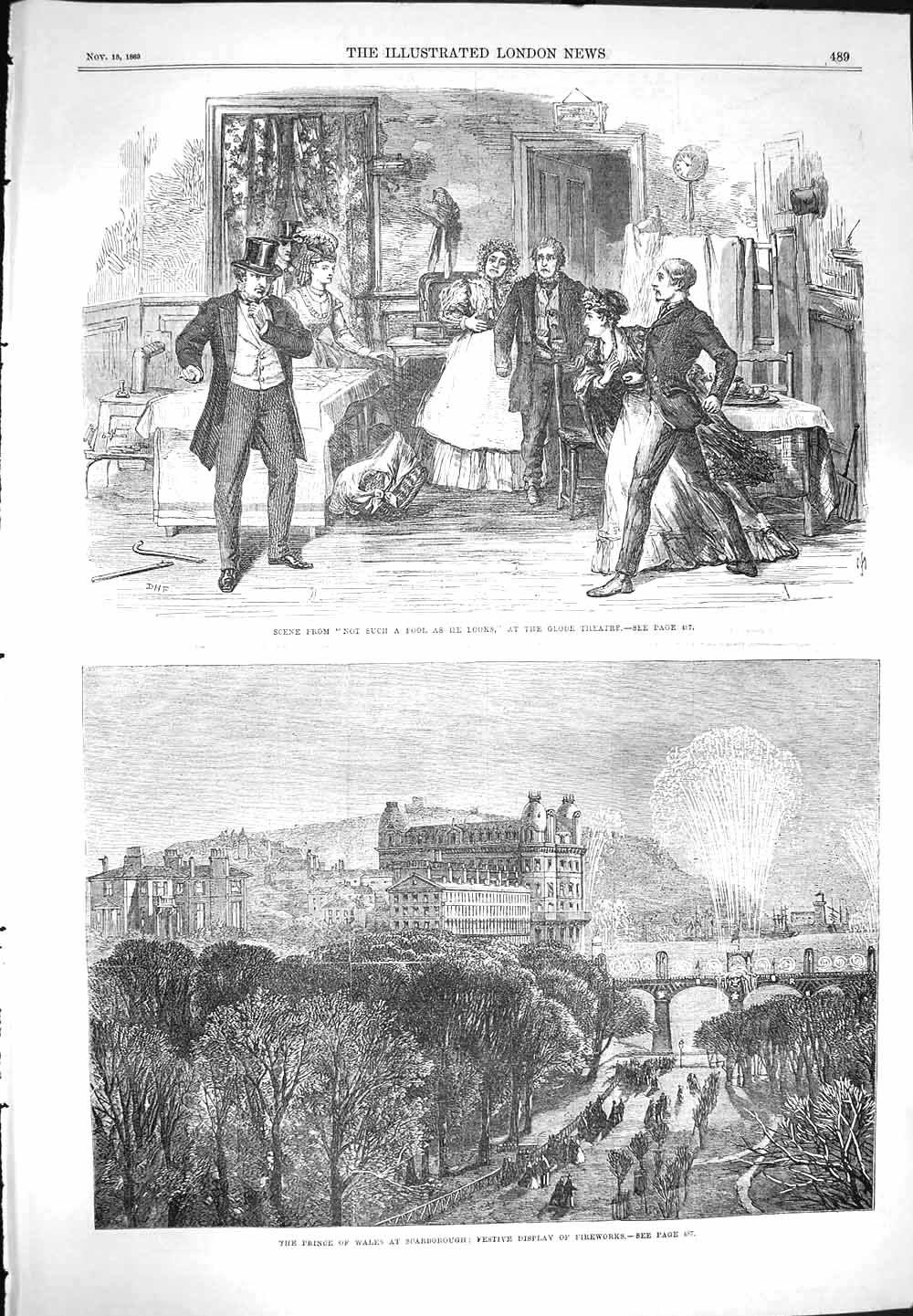 Original Old Antique Print 1869 Scarborough Fireworks Globe Theatre Fool Looks