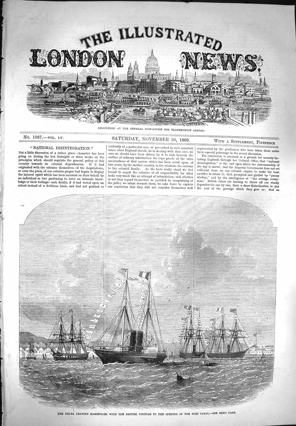 Original Old Antique Print 1869 British Ships Delta Marseilles Seuz Canal Flags