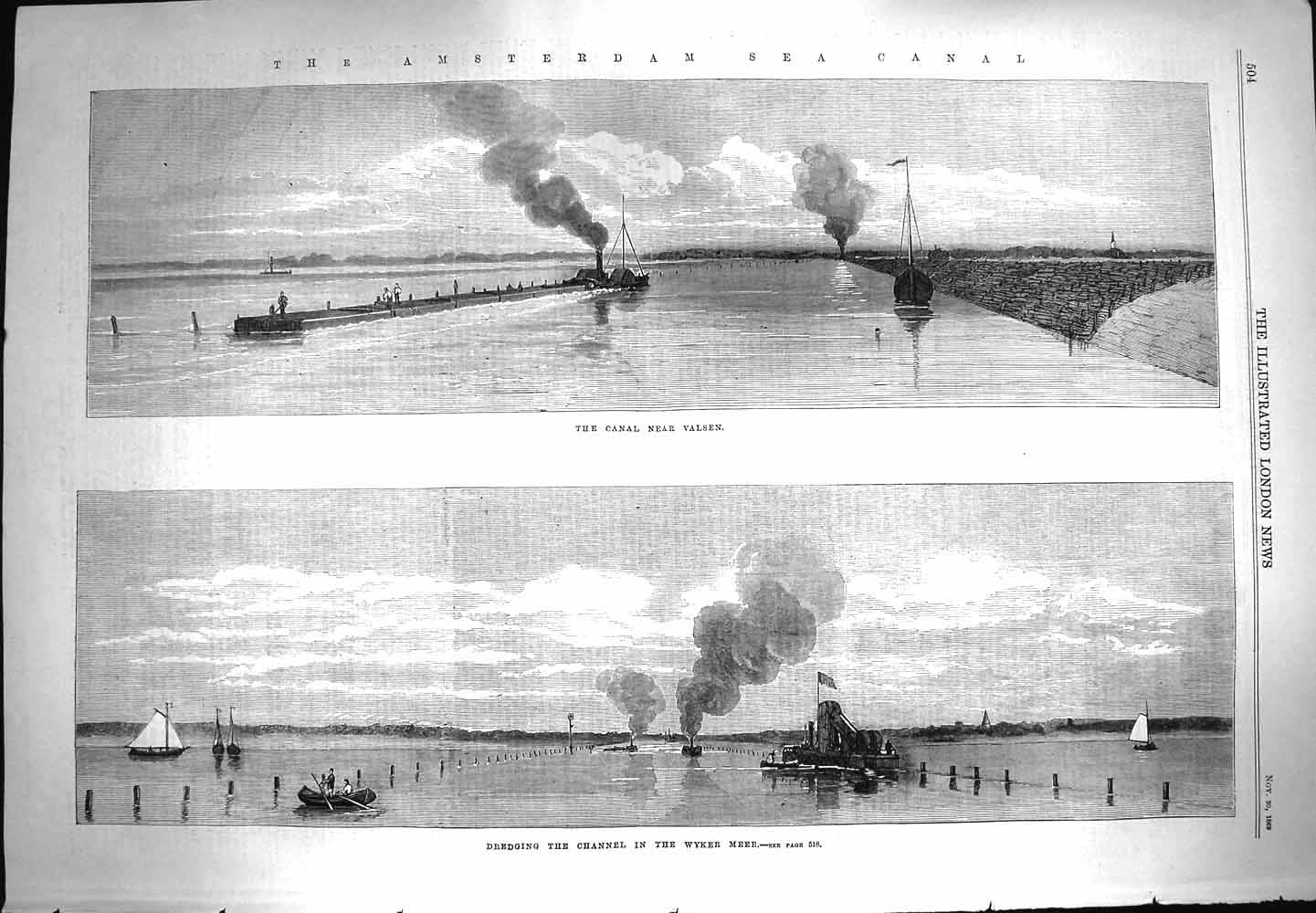 Original Old Antique Print 1869 Amsterdam Sea Canal Valsen Dredging Wyker Meer