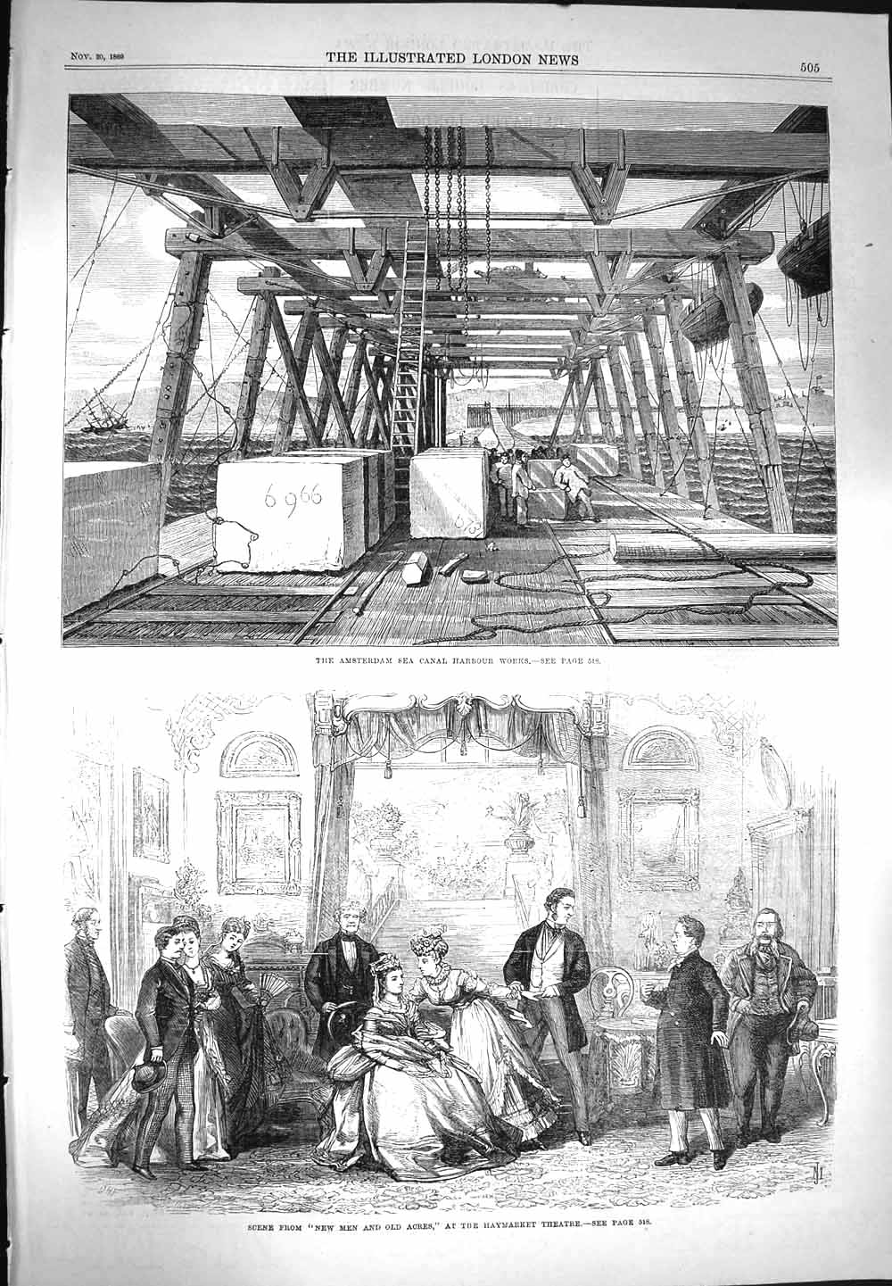 Original Old Antique Print 1869 Amsterdam Canal Harbour Works Haymarket Theatre