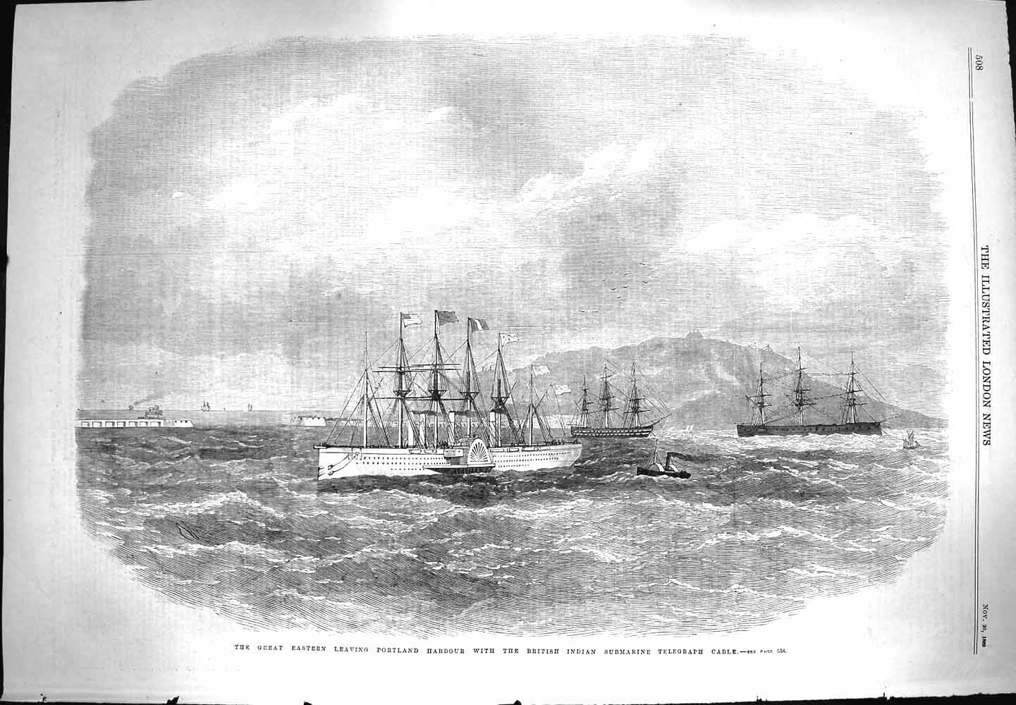 Antique Old Print *3276 1869 Great Eastern Ship Portland Harbour Telegraph