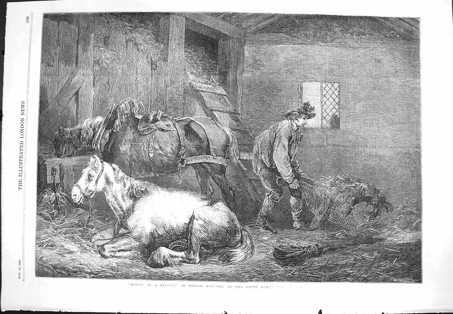 Original Old Antique Print 1869 Scene Horses Stable Man Mucking Out Morland