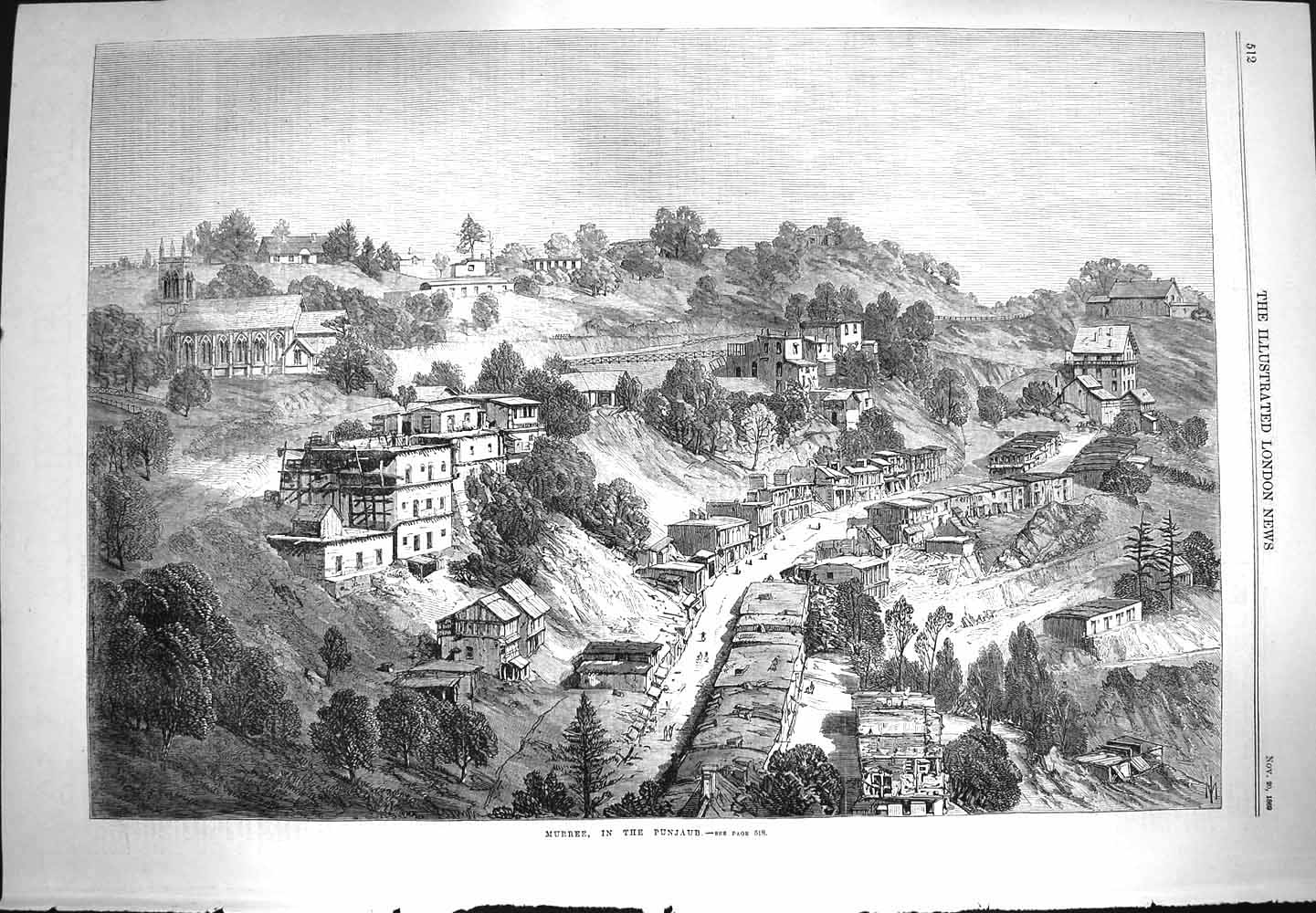 Original Old Antique Print 1869 View Murree Punjaub Houses Church Architecture