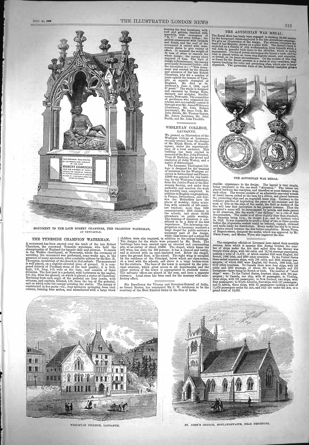 Old Antique Print 1869 Wesleyan College Church Penistone Chambers Medal 19th