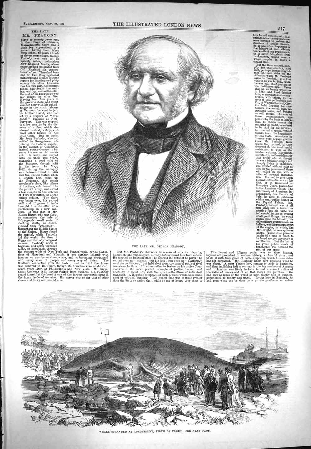 Original Old Antique Print 1869 George Peabody Whale Longniddry Firth Forth