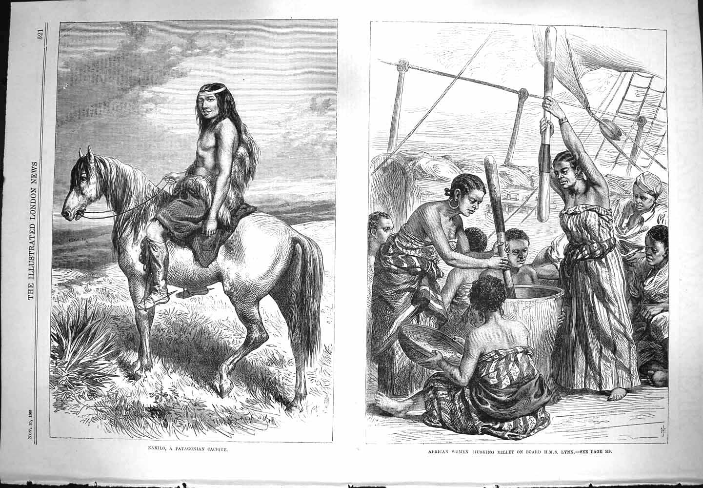 Old Antique Print 1869 Kamilo Patagonian Cacique African Woman Ship Lynx 19th