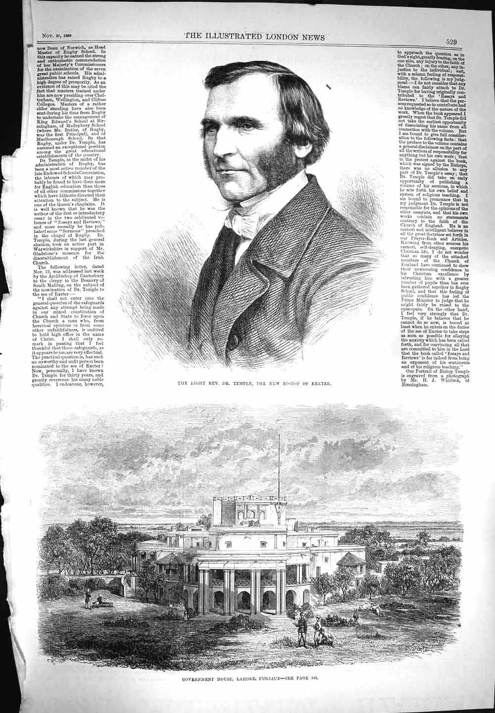 Original Old Antique Print 1869 Temple Bishop Exeter Government Lahore Punjaub