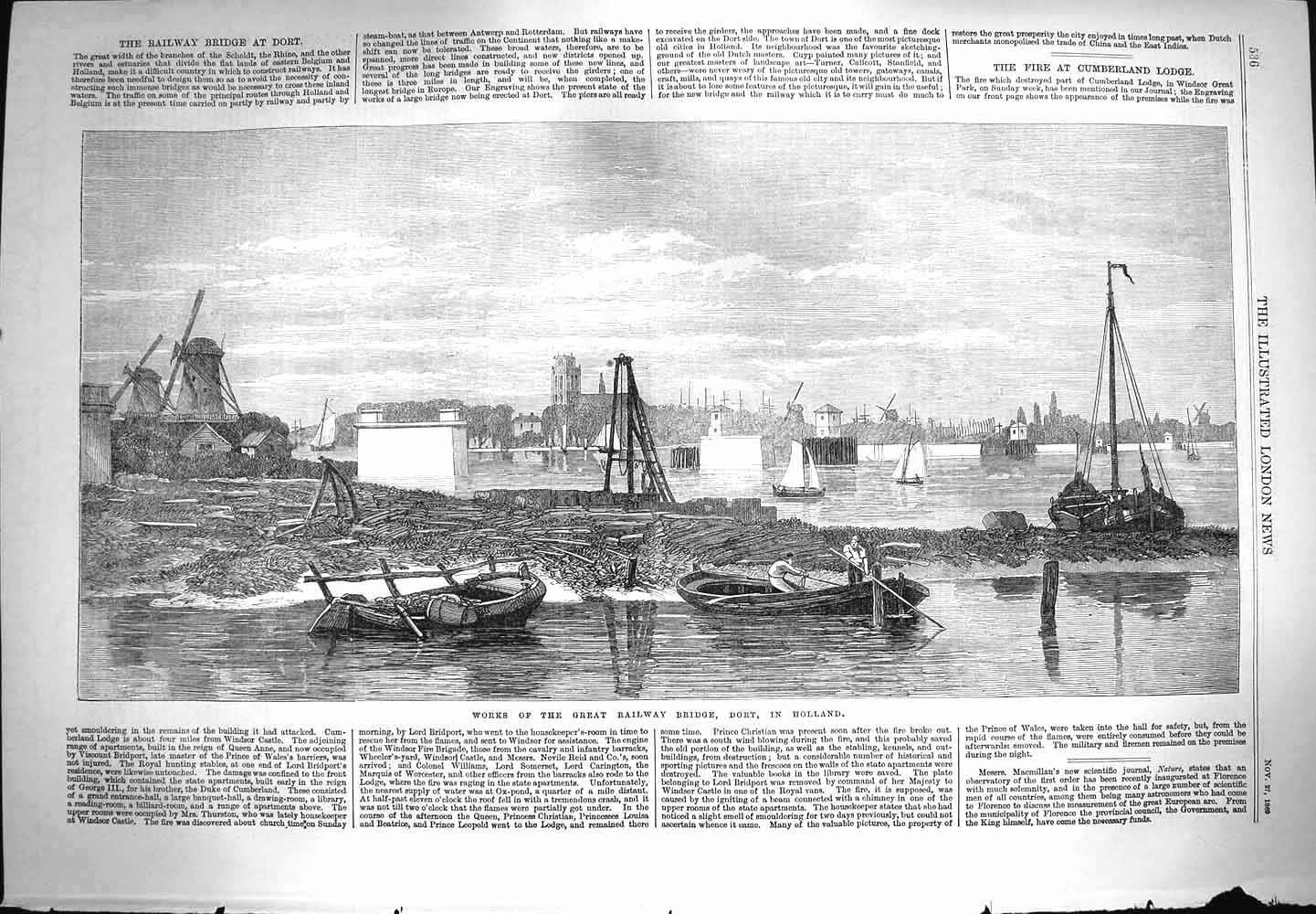 Old Antique Print 1869 Works Great Railway Bridge Dort Holland Windmill 19th