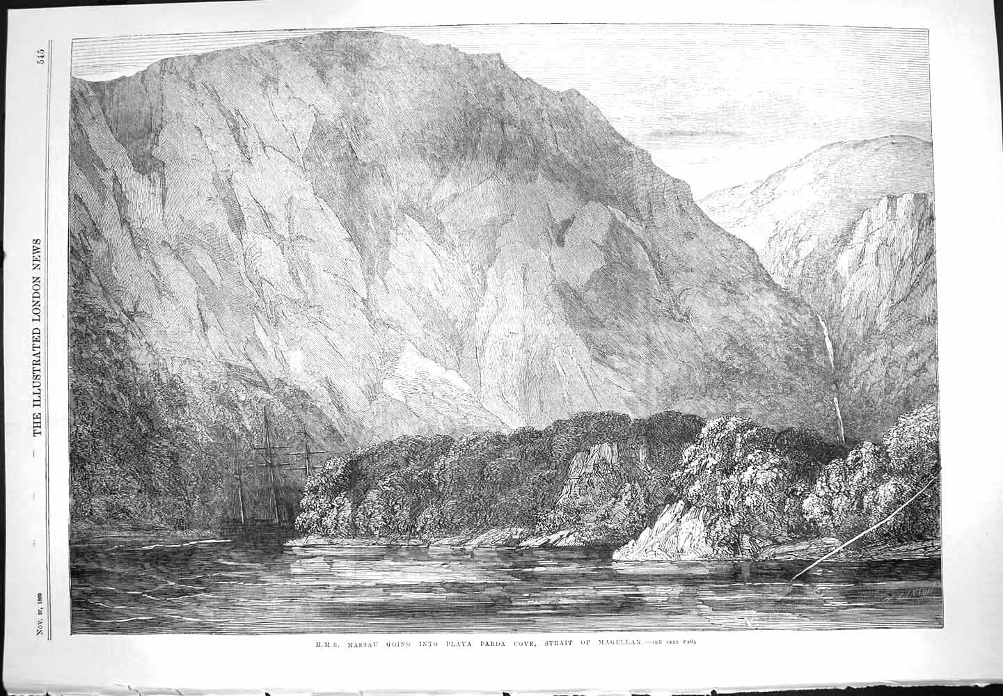 Original Old Antique Print 1869 Ship Nassau Playa Parda Cove Strait Magellan