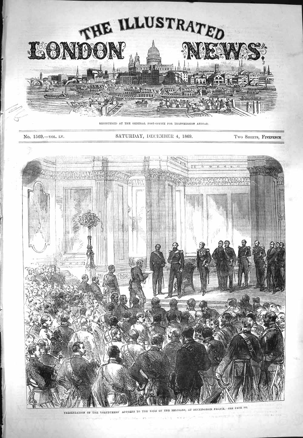 Old Antique Print 1869 Presentation Volunteers King Belgians Buckingham 19th