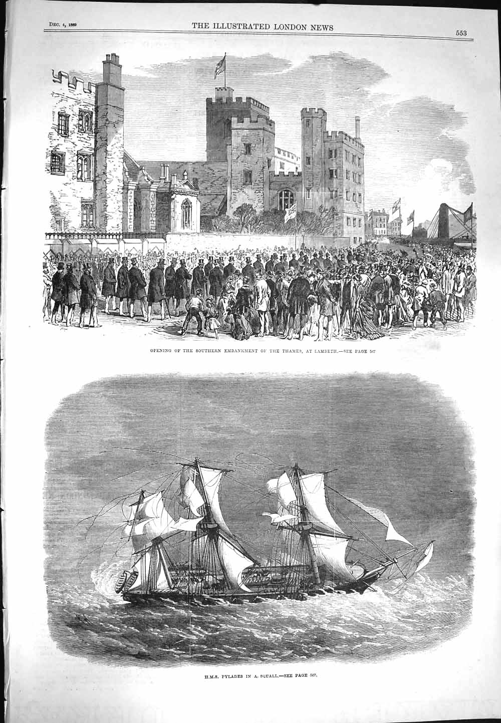 Original Old Antique Print 1869 Ship Pylades Squall Embankment Thames Lambeth