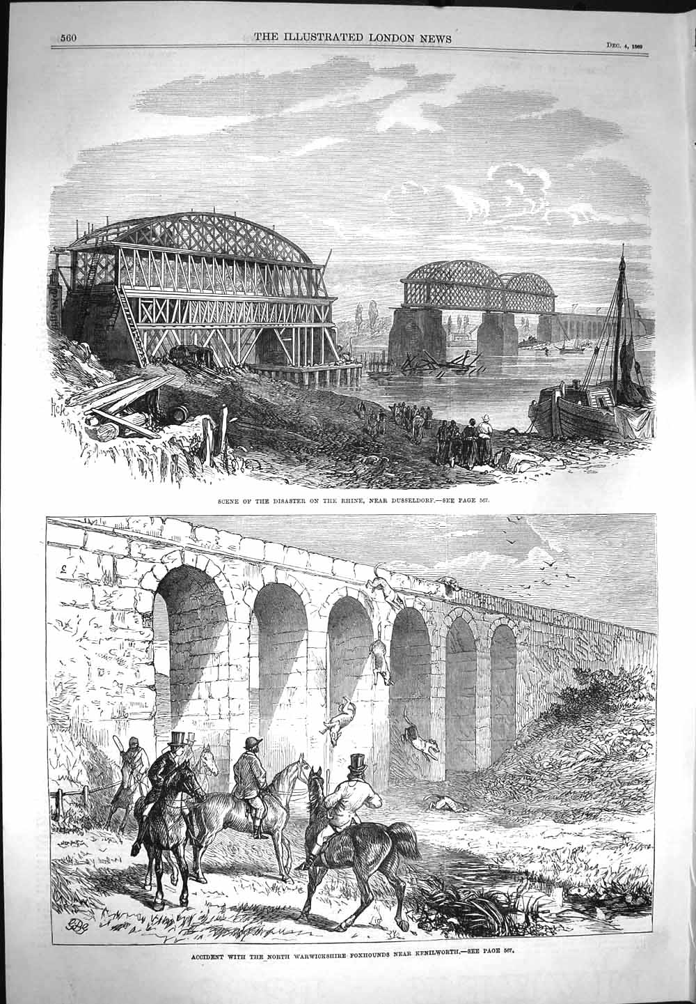 Old Antique Print 1869 Rhine Dusseldorf Germany Warwickshire Hounds Dogs 19th