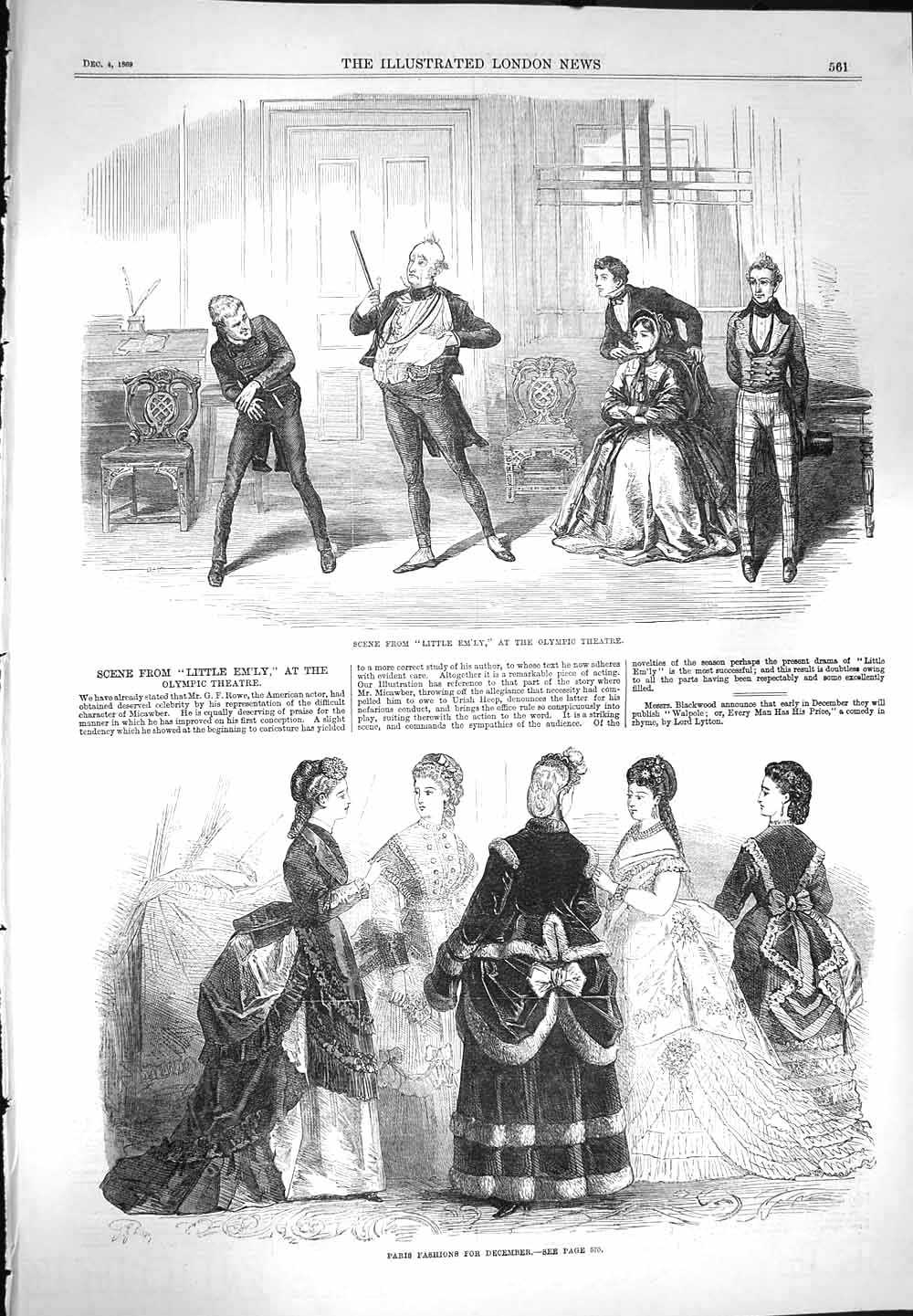 Old Antique Print 1869 Little Em'Ly Olympic Theatre Paris Fashion Women 19th