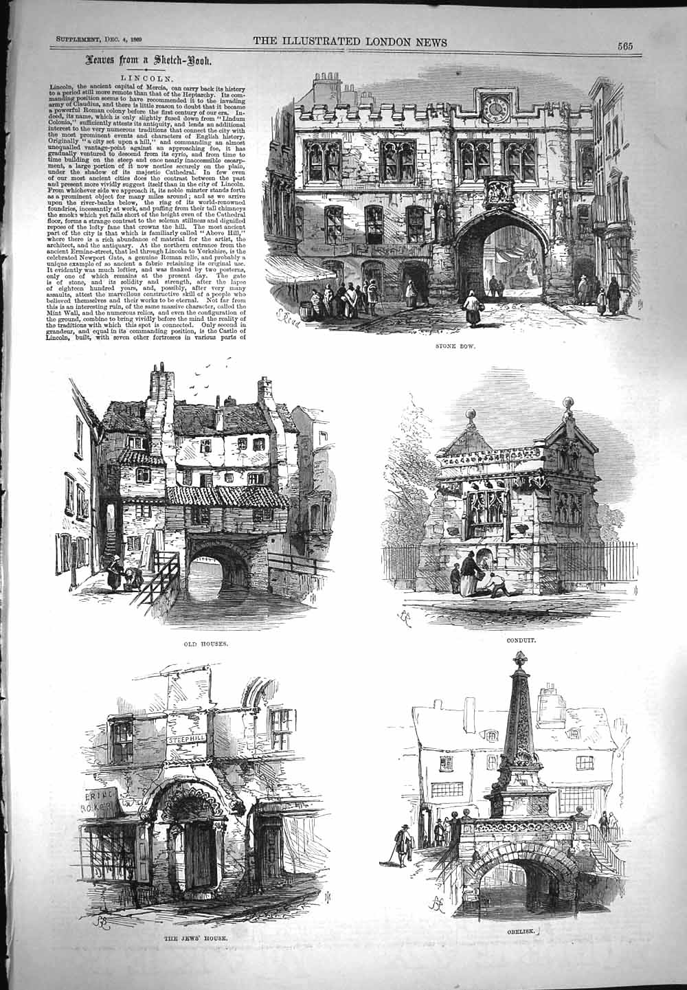 Original Old Antique Print 1869 Lincoln Stone Bow Conduit Obelisk Jews House