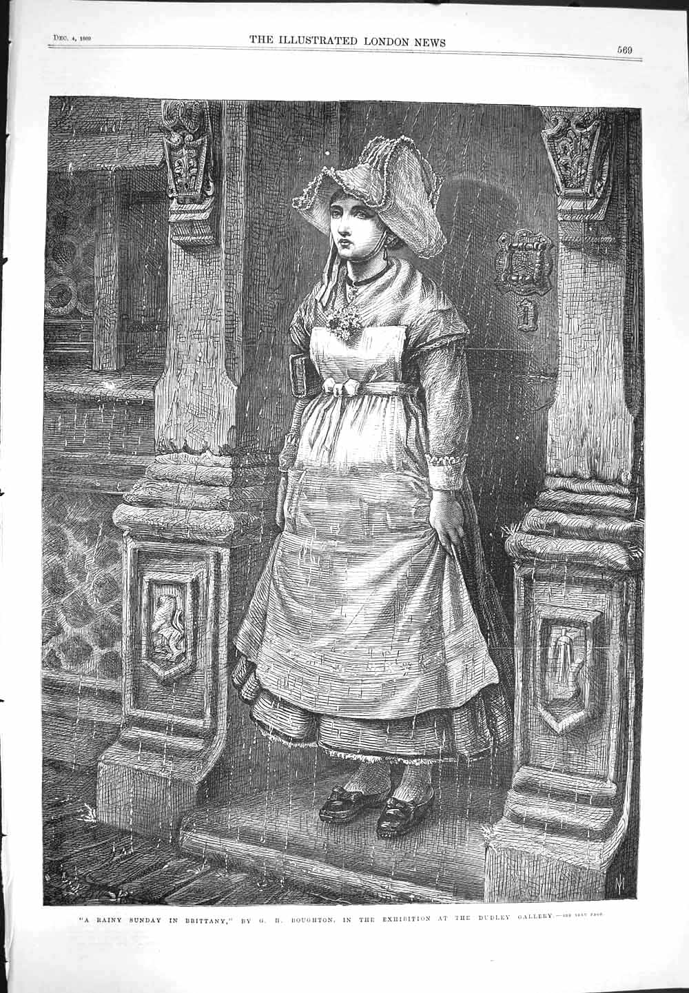 Original Old Antique Print 1869 Rainy Sunday Scene Brittany Young Girl Boughton