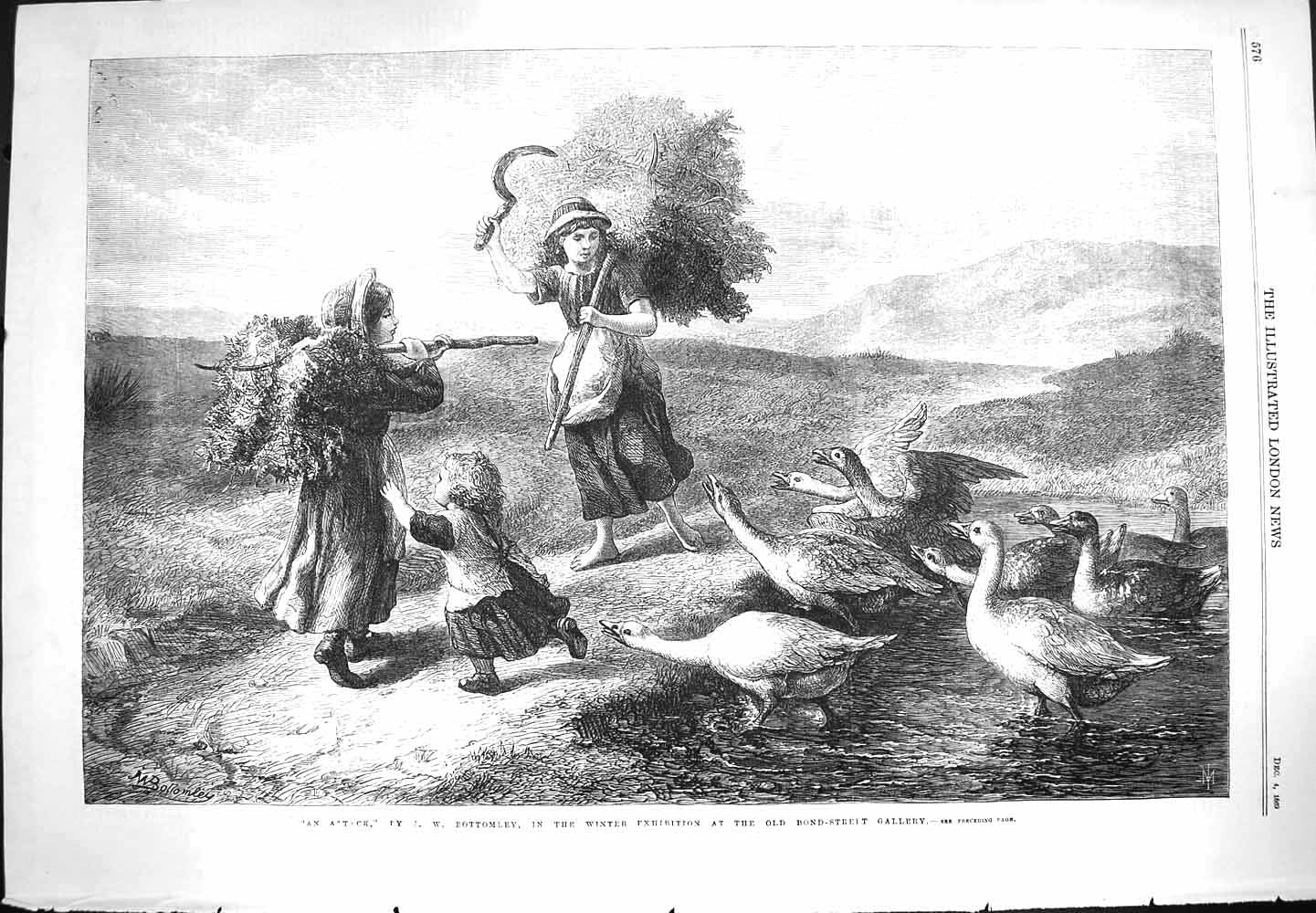 Old Antique Print 1869 Attack Children Hay Making Geese Birds Bottomley 19th