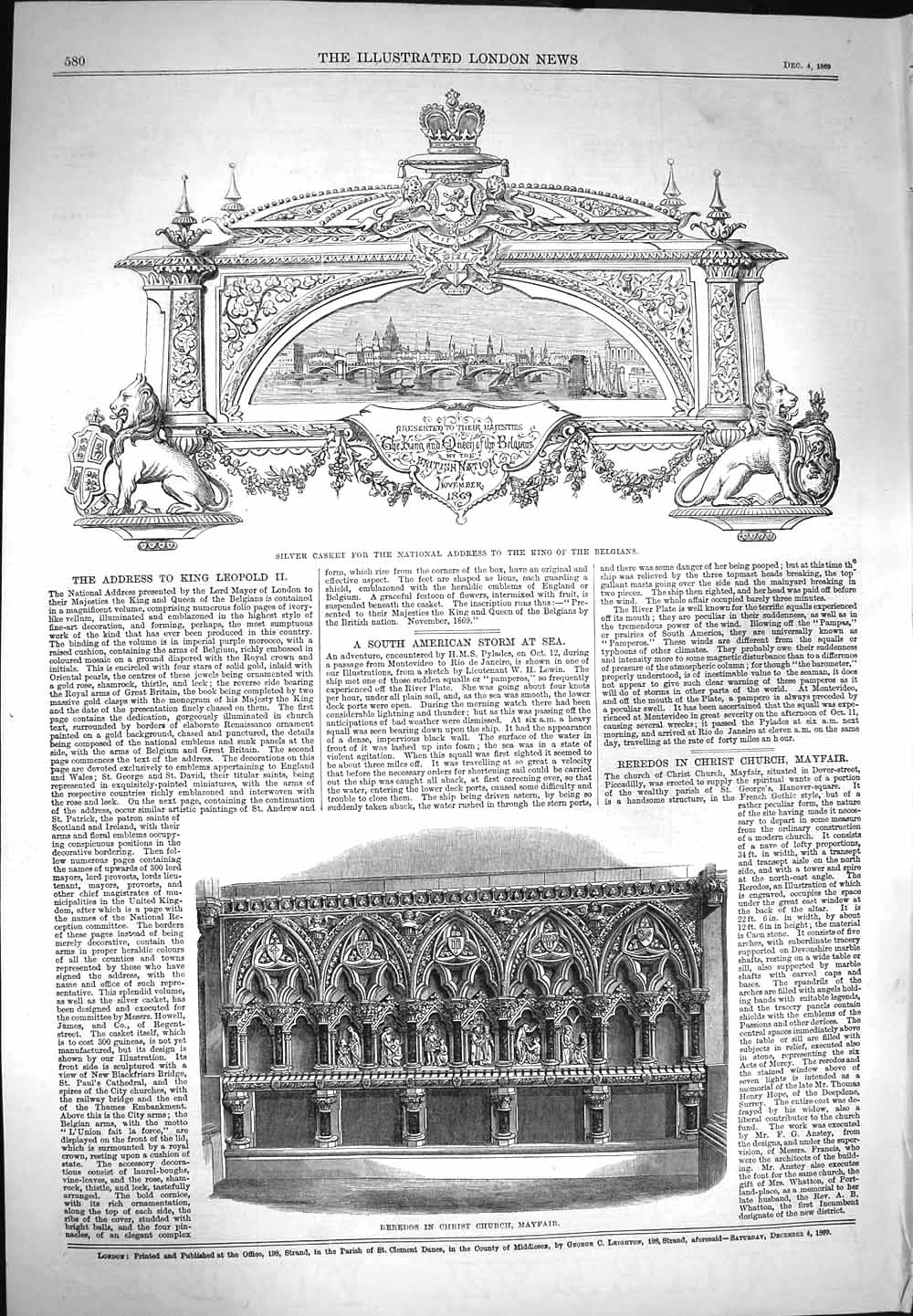 Old Antique Print 1869 Silver Casket King Belgians Reredos Church Mayfair 19th