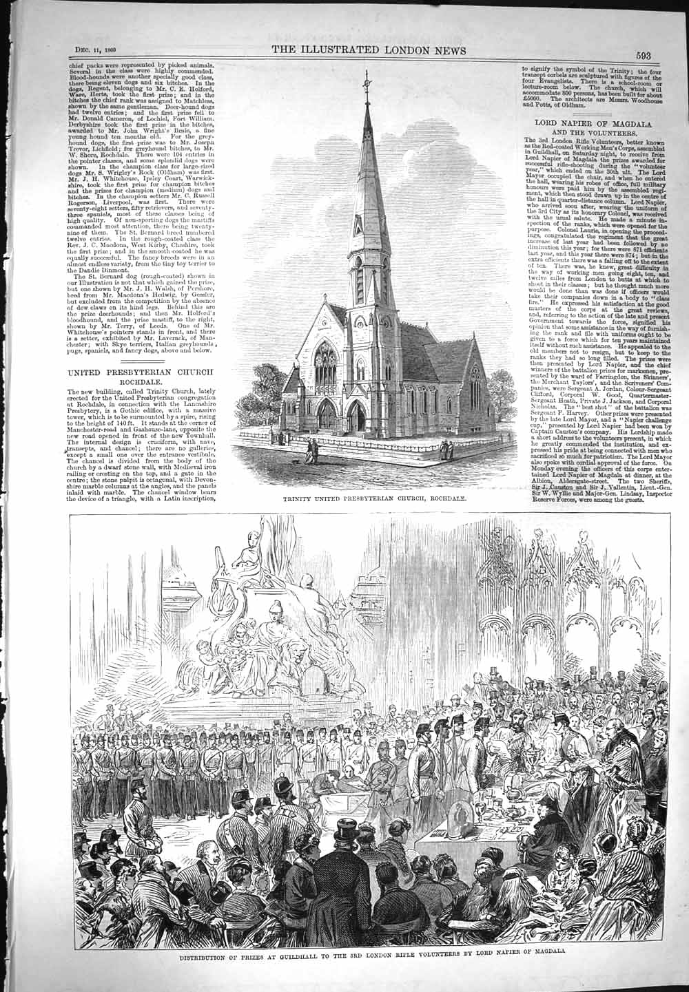 Old Antique Print 1869 Presbyterian Church Rochdale Napier Magdala Rifle 19th