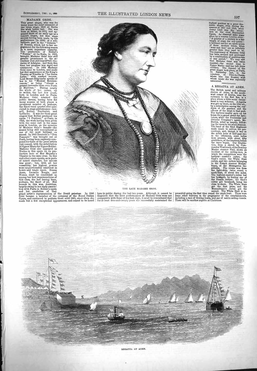 Old Antique Print 1869 Portrait Madame Grisl Yachts Regatta Aden Sailing 19th