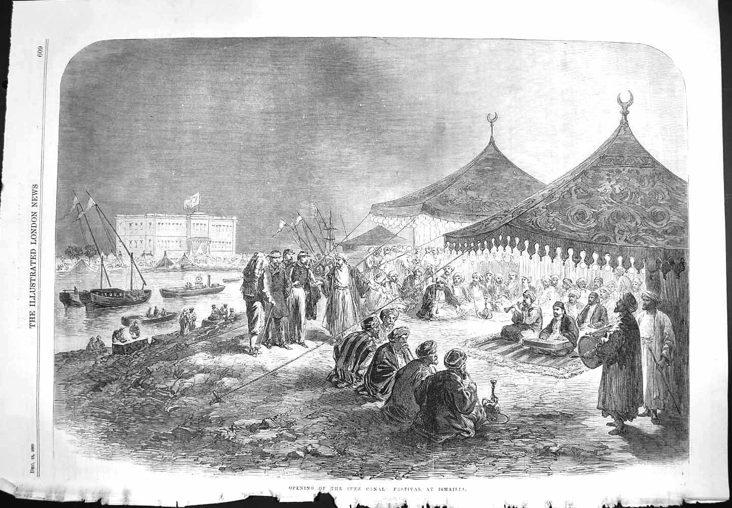 Old Antique Print 1869 Opening Suez Canal Festival Ismailia River Boats 19th